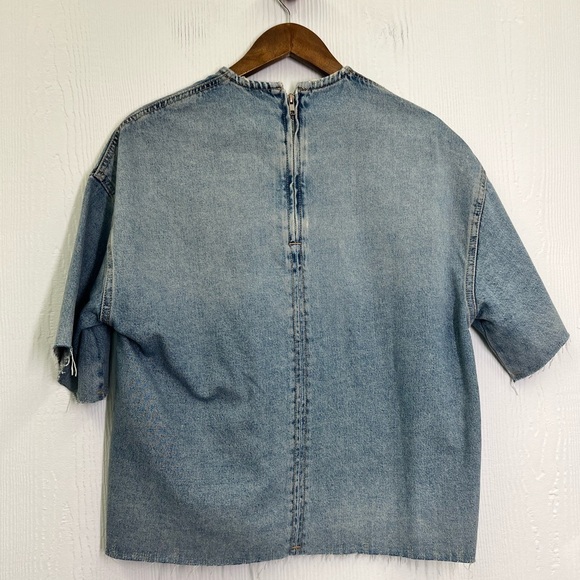 Zara - Blue Stonewashed With Frayed Hemline Denim Short Sleeve Shirt Size XS - Picture 11 of 12
